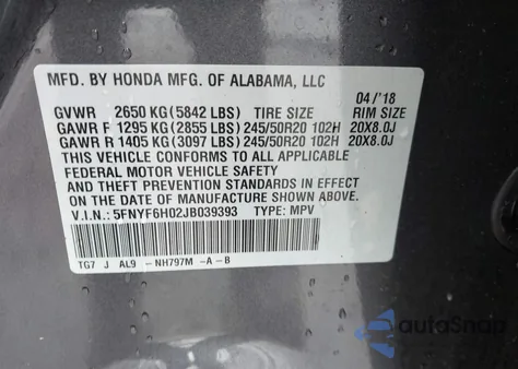 2018 Honda Pilot Elite from USA, damaged, VIN 5FNYF6H02JB039393